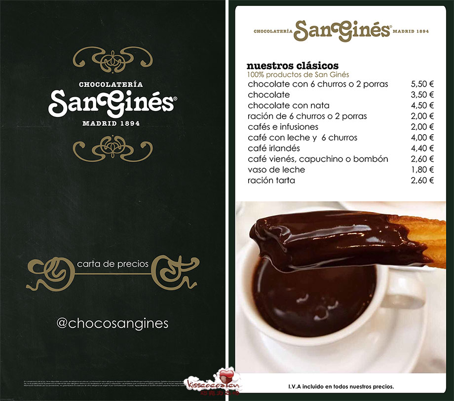 西班牙马德里 CHOCOLATERIA SAN GINES 圣希内斯巧克力老店的菜单 西班牙马德里 CHOCOLATERIA SAN GINES 圣希内斯巧克力老店的菜单