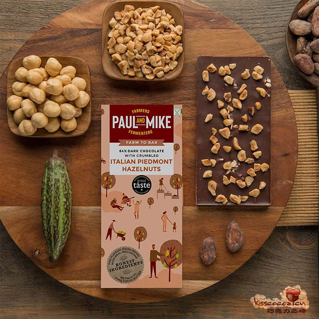 印度 PAUL AND MIKE – 64% Dark Vegan Chocolate with crumbled Italian piedmont Hazelnuts 64% 意大利皮埃蒙特榛子碎粒夹心黑巧克力