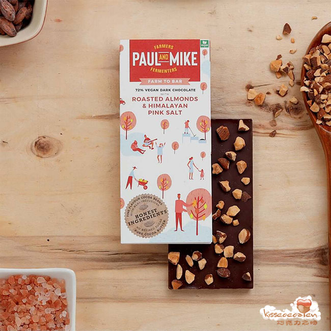 印度 PAUL AND MIKE – 72% Dark Chocolate with Roasted Almonds & Himalayan Pink Salt 保罗和迈克 72% 烤杏仁和喜马拉雅粉色盐夹心黑巧克力
