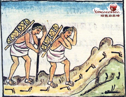 阿兹特克商人将装满可可豆的编织背包步行拖运回阿兹特克首都特诺奇蒂特兰
